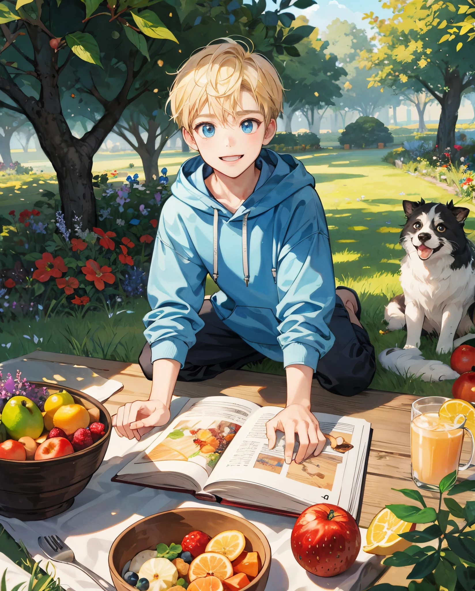 (1 menino 1.2),Bob Cabelo,Corte sua franja,cara bonito,uma loira,Qualidade de imagem superior,(Obra-prima 1.2),obra prima,Lindo fiz,usando capuz
create realistic professional children's drawing pictures with cute cute boy blond bright blue eyes with charming smile cute enigmatic in blue hoodie
over his head, and a golden book in his hand
with fruit trees, vegetables
colorful dishes for children an outdoor feast with fruit juices
with children playing in the green field with flowers happy cute animals