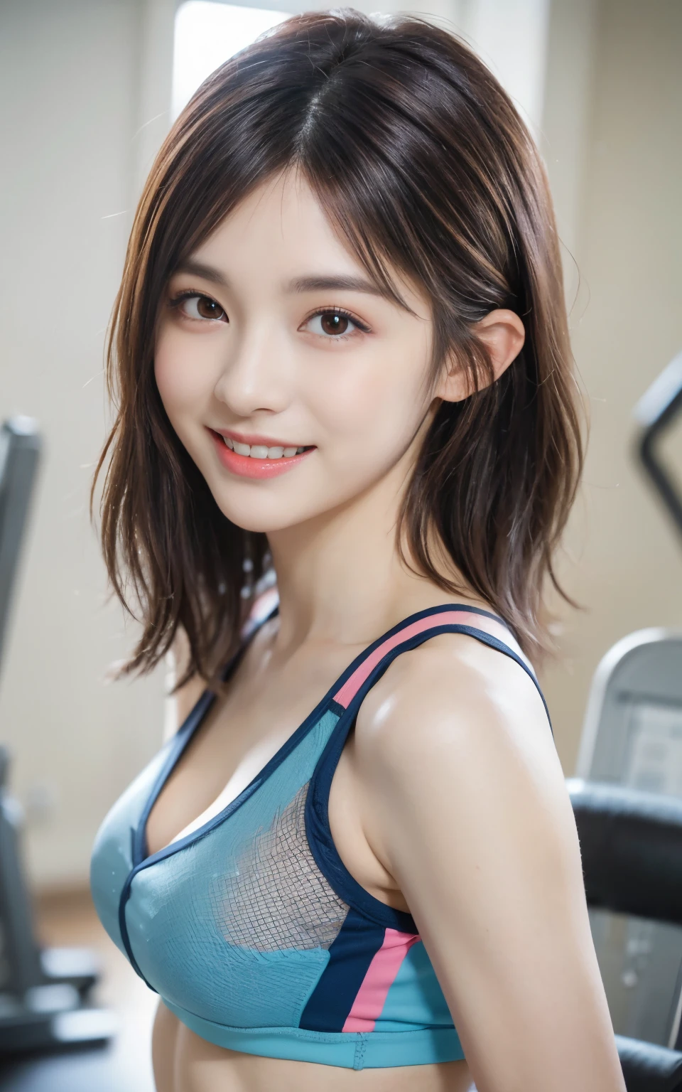 ((huge-breasted)), ((20 years old,)), ((Very small head)), Daylight, Sunlight, Bright light, (Perfect body : 1.1), (fullllbody), (short wavy hair:1.2, dark brown hair, Pink and blue mesh hair, Thin mesh), Full body shot, ((Tight workout wear), (Sweat), (Very detailed CG 8k wallpaper), (extremely delicate and beautiful), (masutepiece), (Best Quality:1.0), (超A high resolution:1.0), (realisitic), beautiful lightning ,Perfect Lightning, Realistic Shadows, [hight resolution], Detailed skin, Ultra-detailed, Slim body), (Beautiful hair, Wavy Hair, Real Hair, detailed hairs, High Ponytail), Fine Collarbone, Beautiful ???????, blush, Photorealistic, Realistic face, Beautiful face, Cute face, Realistic eyes, Small eyes, Cute smile, (((Colorful))), (eye liner), (mascara), (eye shadow), (At the gym), Looking back, bighip, (child-faced), wearing not much clothes