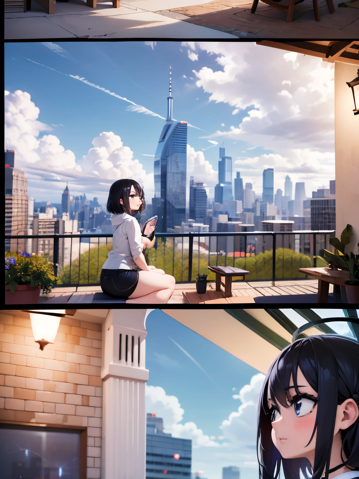 best quality, masterpiece, extremely detailed, detailed background, anime, 1girl, young girl, short girl, sci-fi, science fiction, outdoors, night, starry sky, greenhouse, megastructure, bio-dome, landscape, scenery, horizon, rooftop, sitting on rooftop, wind, looking away, atmospheric lighting, solo focus, close up, from side, depth of field, bokeh, comic strips