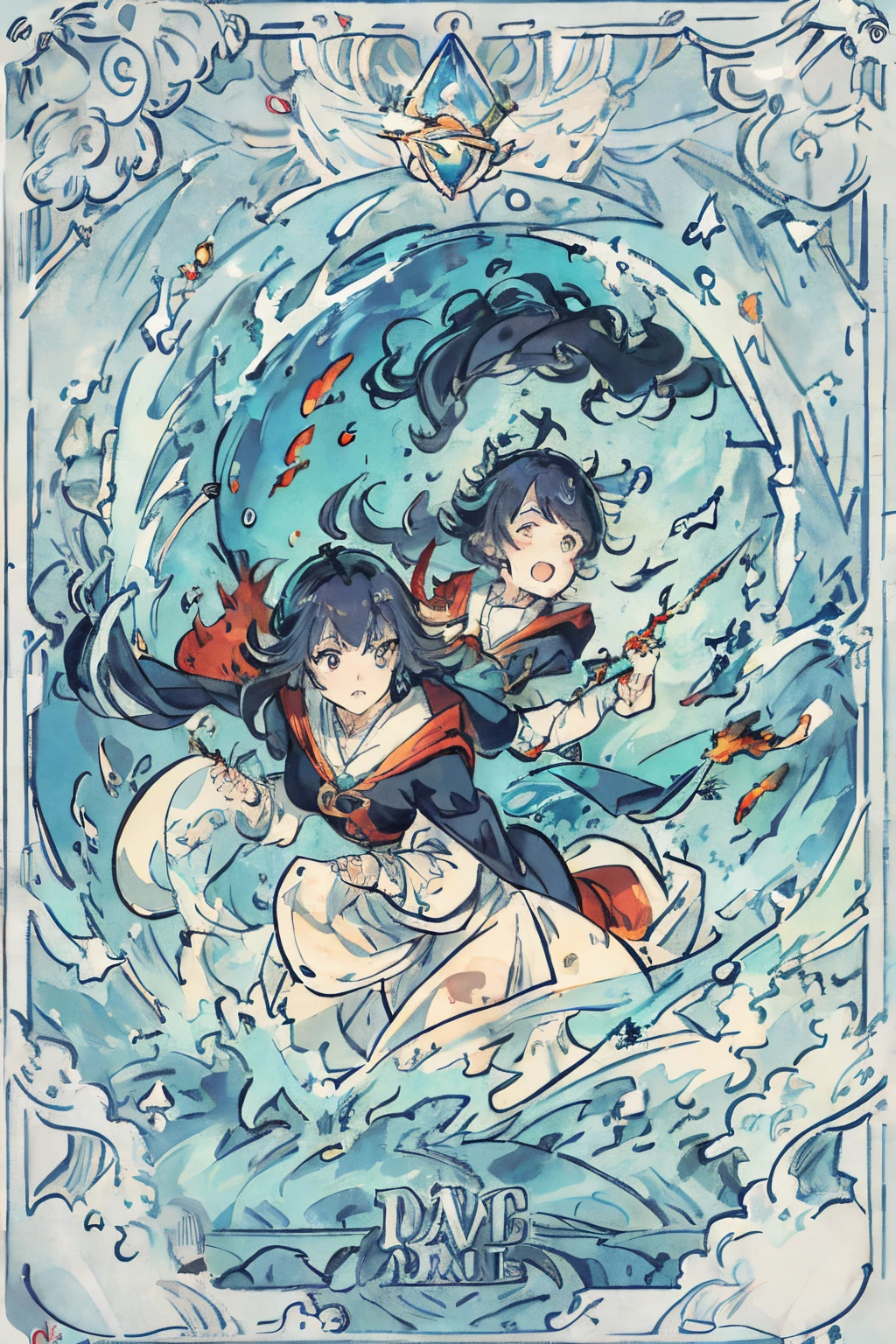 2girls,Prison Guard,lesbian,intimacy,brightcolors,Extreme color,Refined face,Background of the four elements of earth, wind, water and fire,dreamy background,Magic background,Witch hat,uniform,see-through transparent clothes,Conservative style,anger expression,Resistance action,A tense scene,action with tension,Impactful graphics