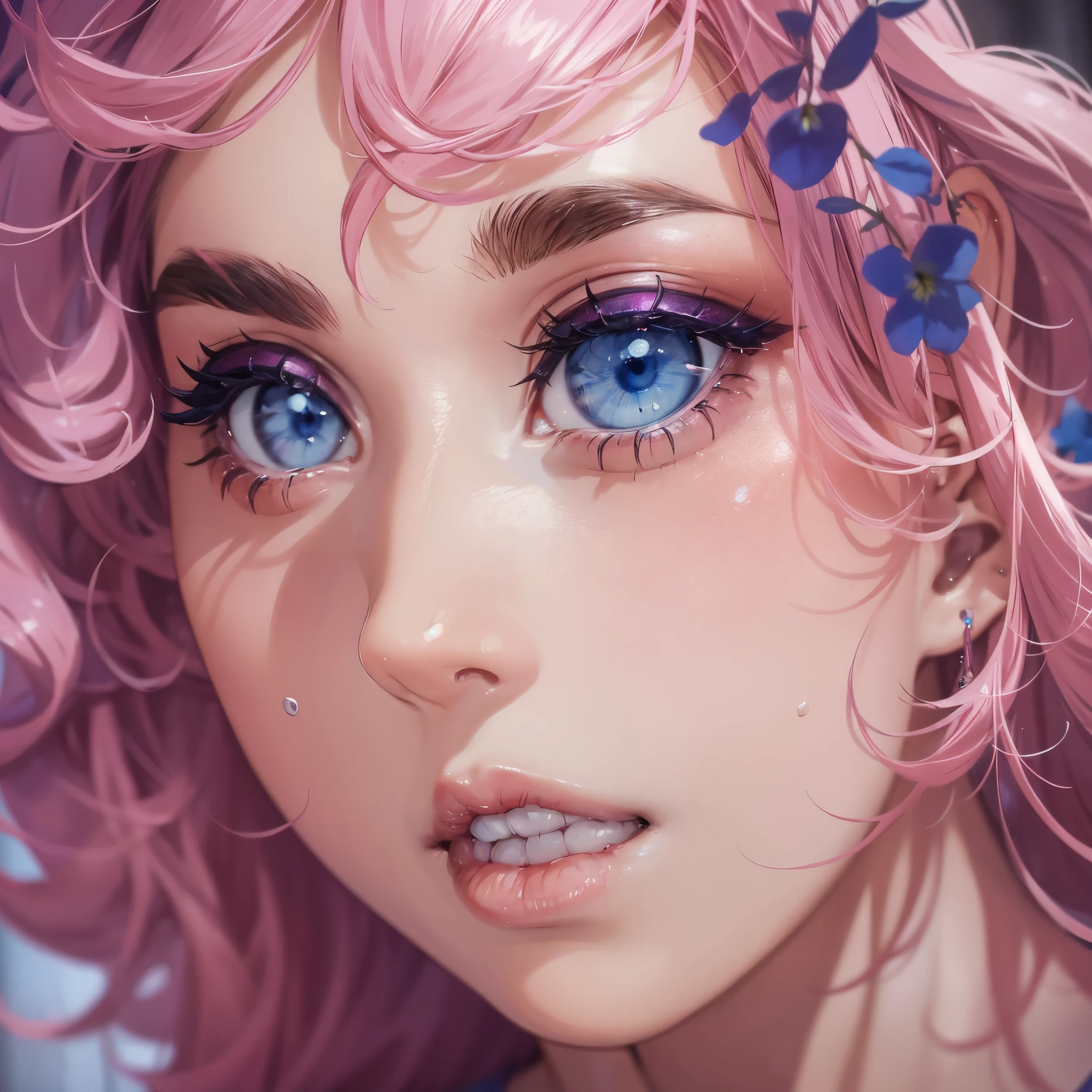 beautiful girl with pink curls, blue eyes, close-up, museum apartment in the background, lots of details, dim light --auto --s2