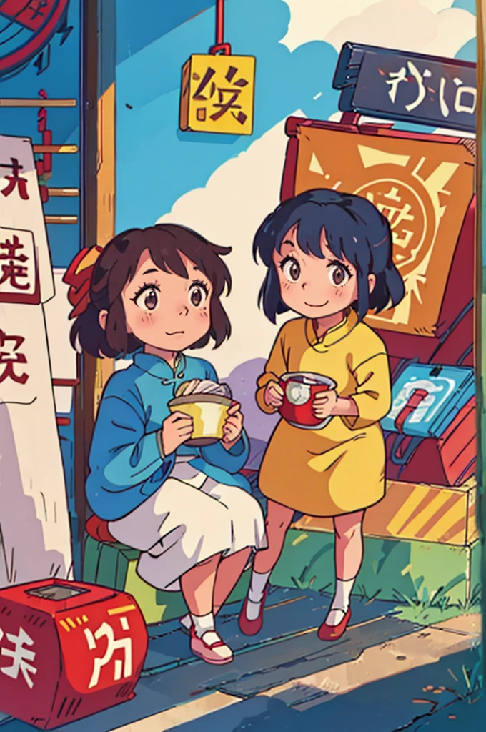 A six-year-old Chinese girl,rays of sunshine,innocent laughter,A high resolution,Sitting in front of a retro store,China-style,UE5