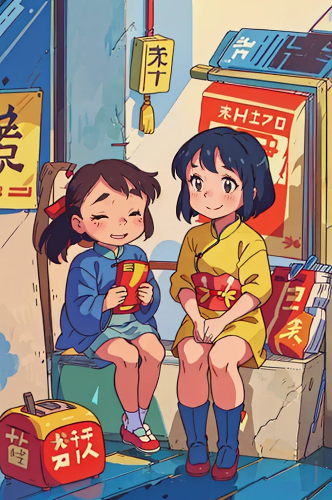 A six-year-old Chinese girl,rays of sunshine,innocent laughter,A high resolution,Sitting in front of a retro store,China-style,UE5