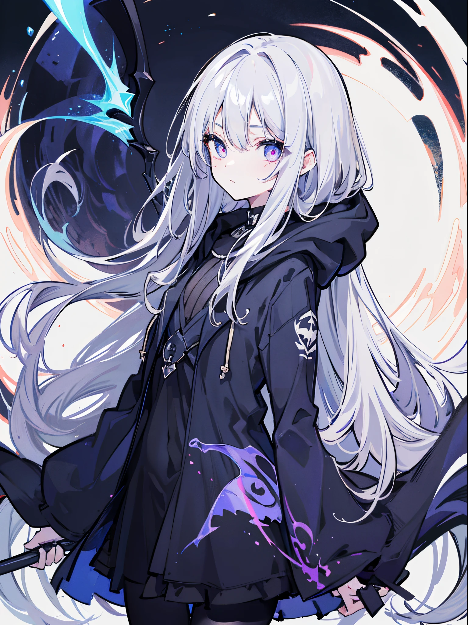 beautiful illustration, scary face, ((intimate darkblue mist background), (scythe), ((solo)), (best quality), (Grim Reaper girl), black tights, small chest, visible through hair, (wearing grim reaper clothes), (hood), skull skin, (transparency white hair), pointed end blue, skull eye, (perfect anatomy), (phantom monsters), blood, masterpiece,,insanevoid, glowing eyes, extra eyes, horror \(theme\)