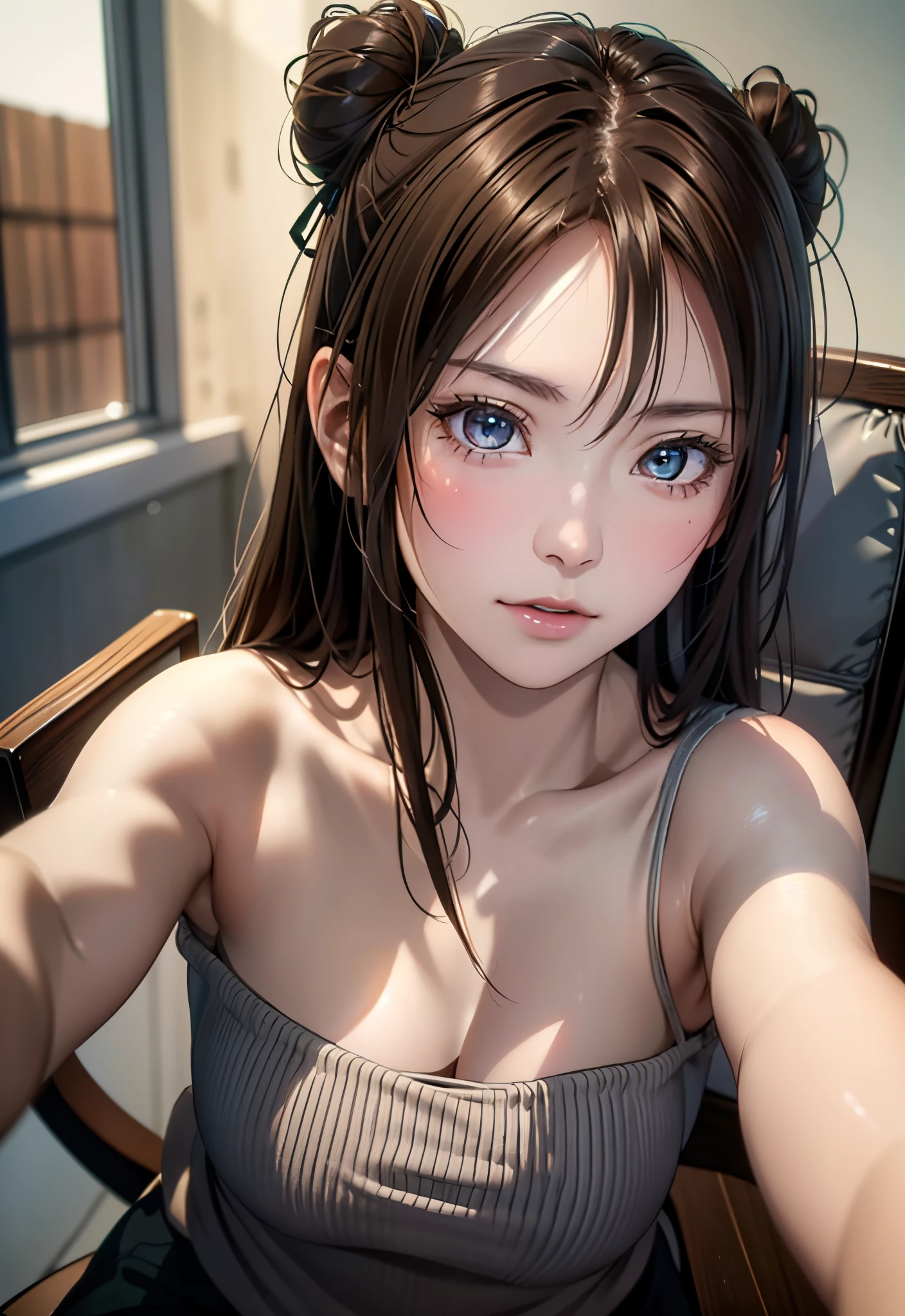 (1girl in:1.3), Cinematic Light,  (masutepiece, of the highest quality, Best Quality, Official art, Beautiful and aesthetic:1.3), ighly detailed,highest details,(Ultra-detailed),((extremely delicate and beautiful)), ((Crouch down)), (a dark night), ((Bedroom)), From  above, Solo, breasts, Silky long hair, (Brown hair), ((fullnude)) , 21 years old, Unsteady gaze, uneasy, embarrassed, (Looking Up:1.4) ,((are visible)),
