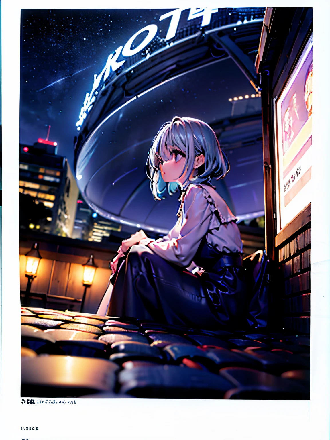 best quality, masterpiece, extremely detailed, detailed background, anime, 1girl, young girl, short girl, sci-fi, science fiction, outdoors, night, starry sky, greenhouse, megastructure, bio-dome, landscape, scenery, horizon, rooftop, sitting on rooftop, wind, looking away, atmospheric lighting, solo focus, close up, from side, depth of field, bokeh, comic strips, yoongonji