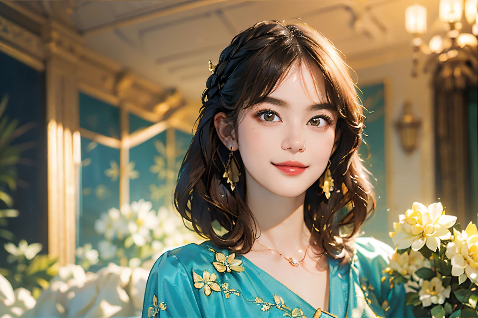 121
(a 20 yo woman,is standing), (A hyper-realistic), (high-level image quality), ((beautiful hairstyle 46)), ((short-hair)), (Gentle smile), (breasted:1.1), (lipsticks), (florals), (Luxurious room), (Depth of field is deep), (escher&#39;Mysterious picture)