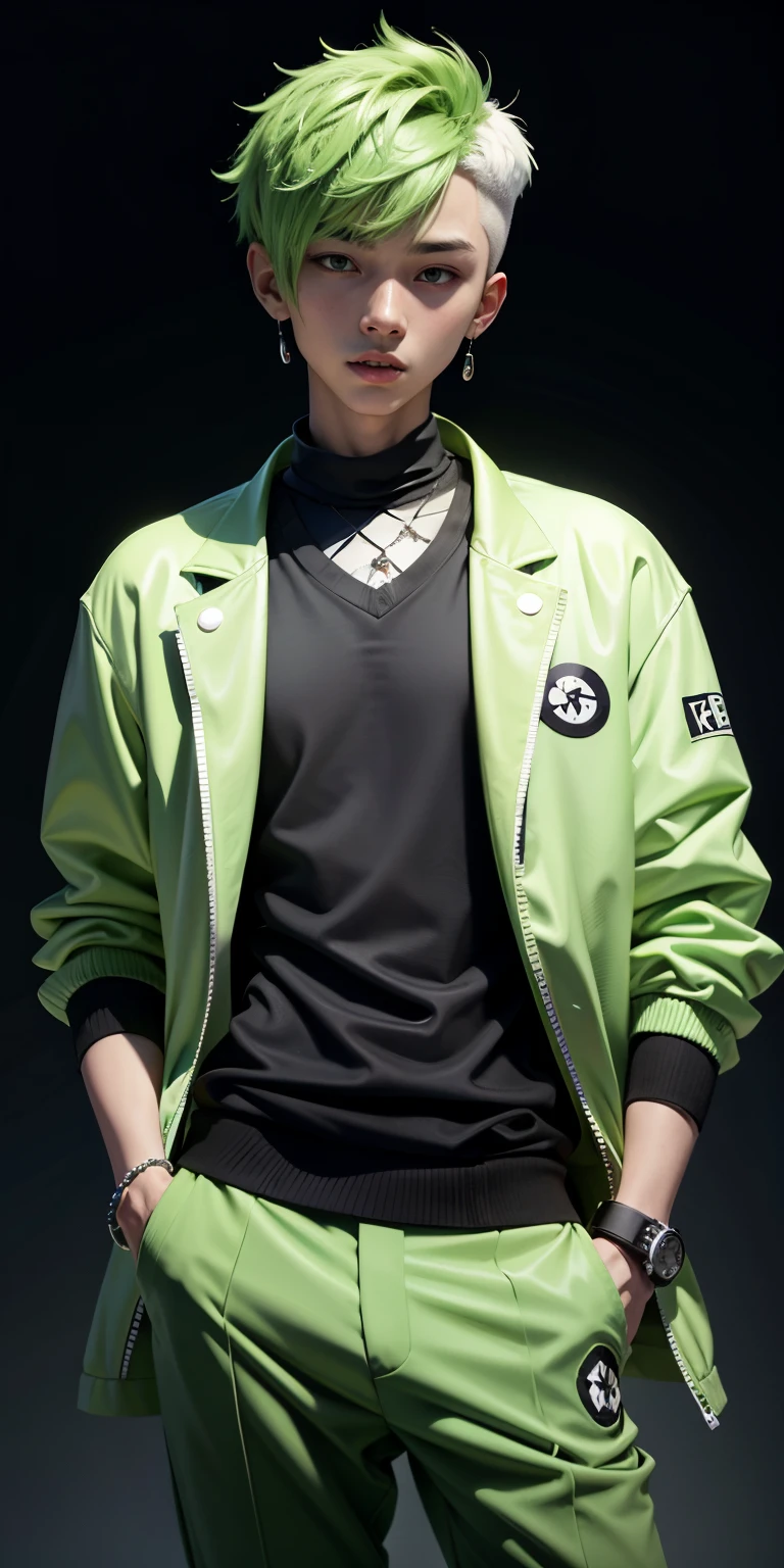 kpop teen boy with messy lime green fadecut hair, personality: prankster, happy, a green one-suit with a diamond, golfing attire of golfers, green golf sweatshirt