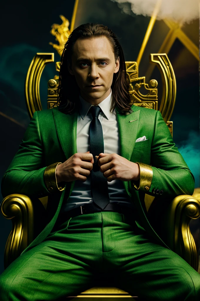 Loki classic yellow green suit of comics, with 100% Tom Hiddleston head, sit on a gold throne, green cloud and Thunder blurred background, dramatic light, masterpiece, 8k octane