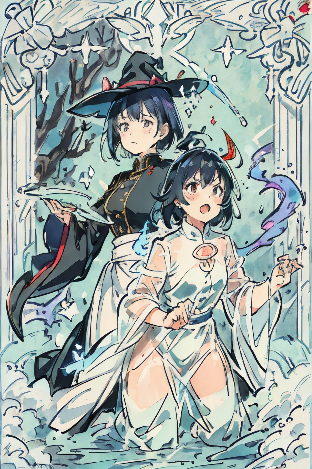 2girls，Prison Guard，lesbian，intimacy，brightcolors，dreamy background，Magic background，Witch hat，uniform，see-through transparent clothes，Conservative style，anger expression，Resistance action，A tense scene，action with tension，Impactful graphics