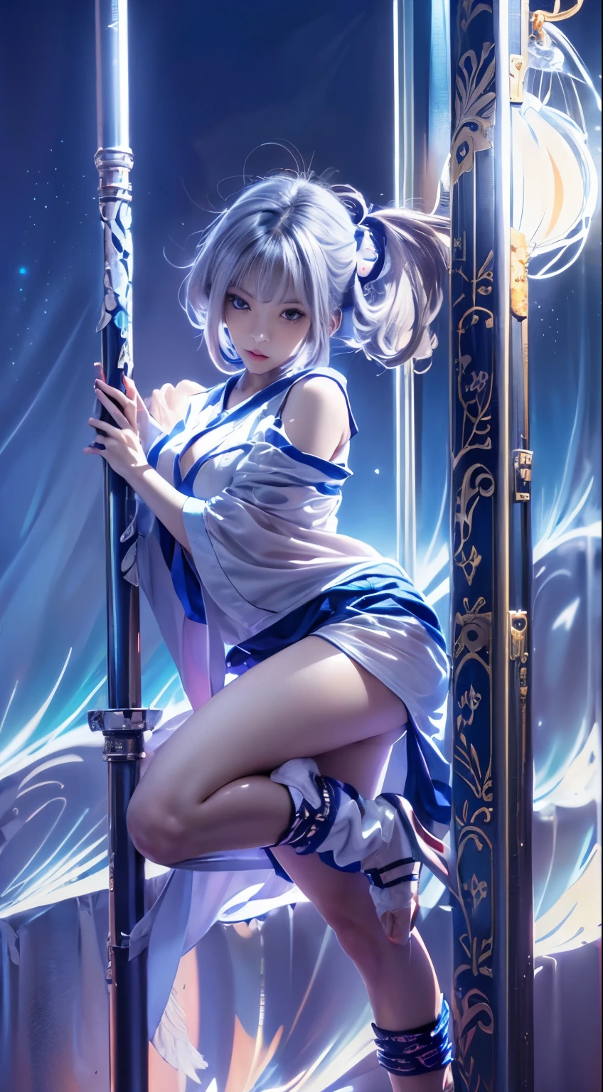 ((realisitic))、(masutepiece, Best Quality:1.5), Fractal Art, Silver Shorthair, Blue eyes, Spotlight, Sexy Pose, Beautiful girl doing pole dancing,Looking at the camera、Light in the eyes、