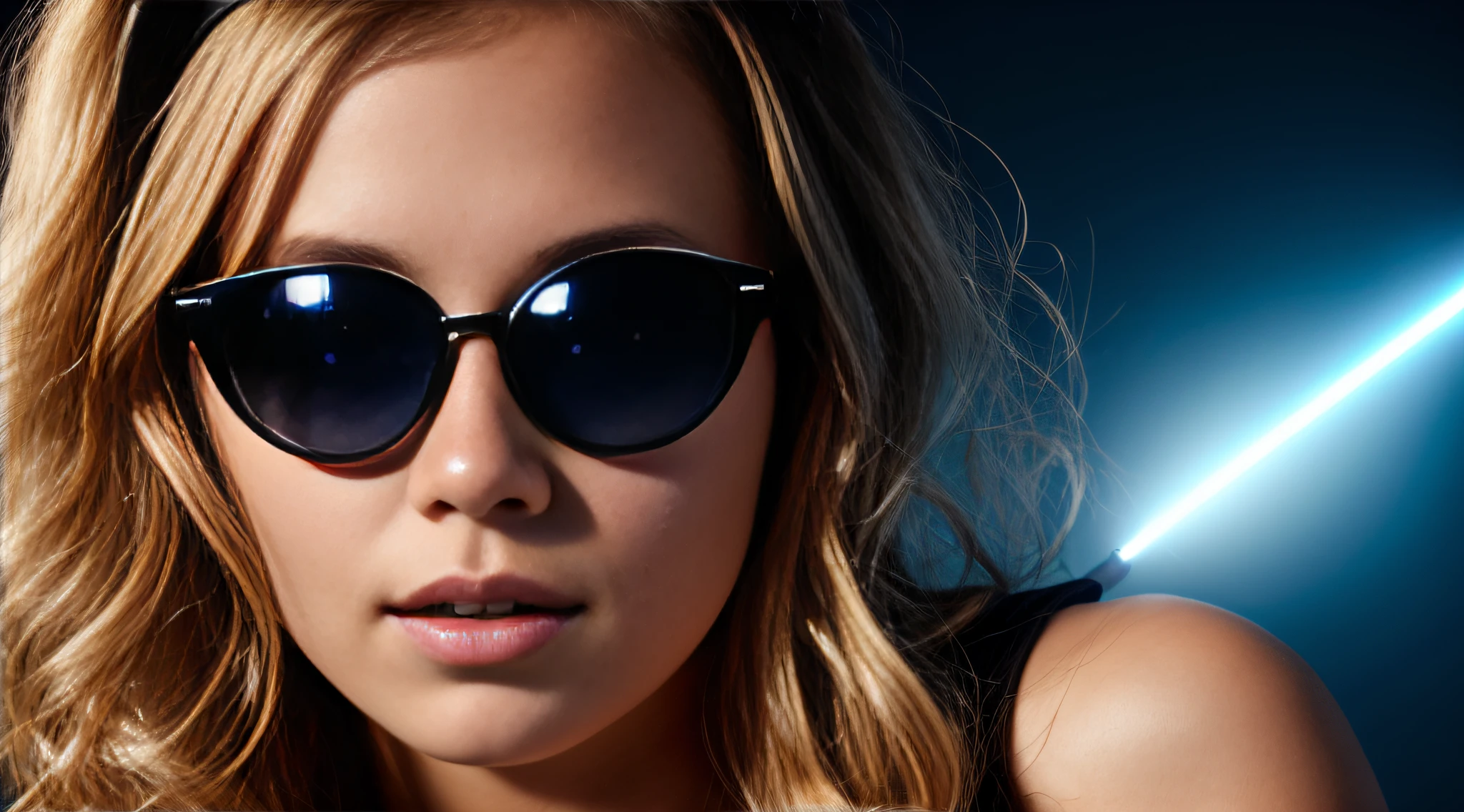 HALO LASER AZUL, close-up CHILDREN BLONDE GIRL WITH VERY LONG HAIR, in a black blouse and sunglasses in a dark room, Photo of a promotional session,