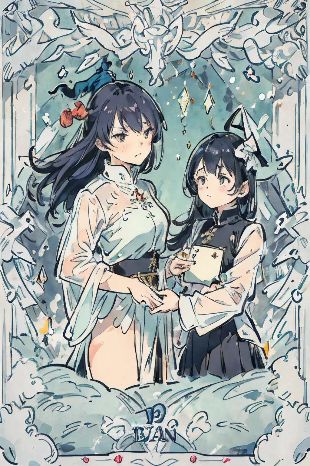 2girls,Prison Guard,lesbian,intimacy,brightcolors,dreamy background,Magic background,Witch hat,uniform,see-through transparent clothes,Conservative style,anger expression,Resistance action,A tense scene,action with tension,Impactful graphics