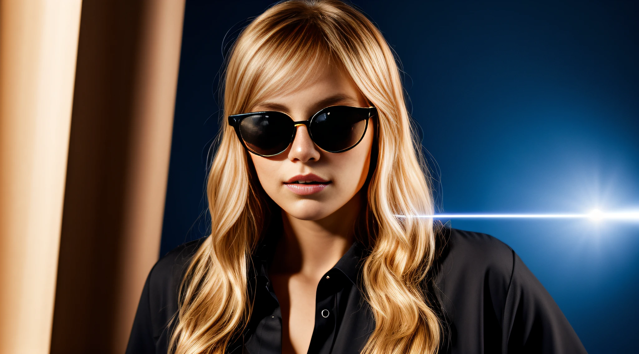 HALO LASER AZUL, close-up CHILDREN BLONDE GIRL WITH VERY LONG HAIR, in a black blouse and sunglasses in a dark room, Photo of a promotional session,