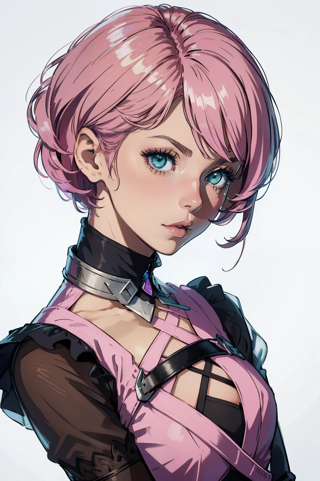 Ultra HD, high resolution, realistic, best quality, masterpiece, (realistic: 1.2), upper body, 1 girl, pink hair, with a tattoo ((short hair in two pigtails)), brown eyes, detailed face, beautiful eyes, detailed eyes, playful, freckles, young, black bikini background, lingerie, medium bust, intricately detailed, elaborate, meticulous, beautiful, maximum details, extremely hyper-aesthetic, looking at the viewer, gray background, masterpiece, Best quality, high quality, high resolution, amazing lighting, detail enhancement, world's most beautiful picture, 8K resolution, stunning inspiration, HD
