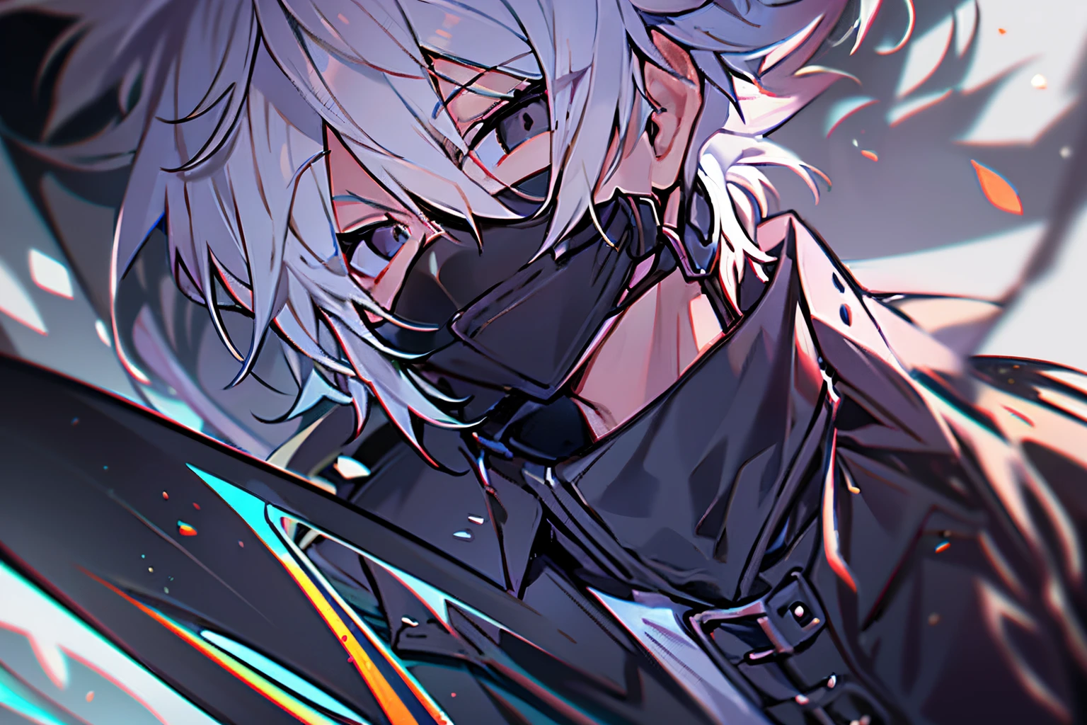hight resolution,close range、Anime boy with white hair and black eyes staring at the camera, Black eye,slim, dressed in a black outfit,Shadow Body,colorful backdrop,hair messy, Diagonal angle、glares、