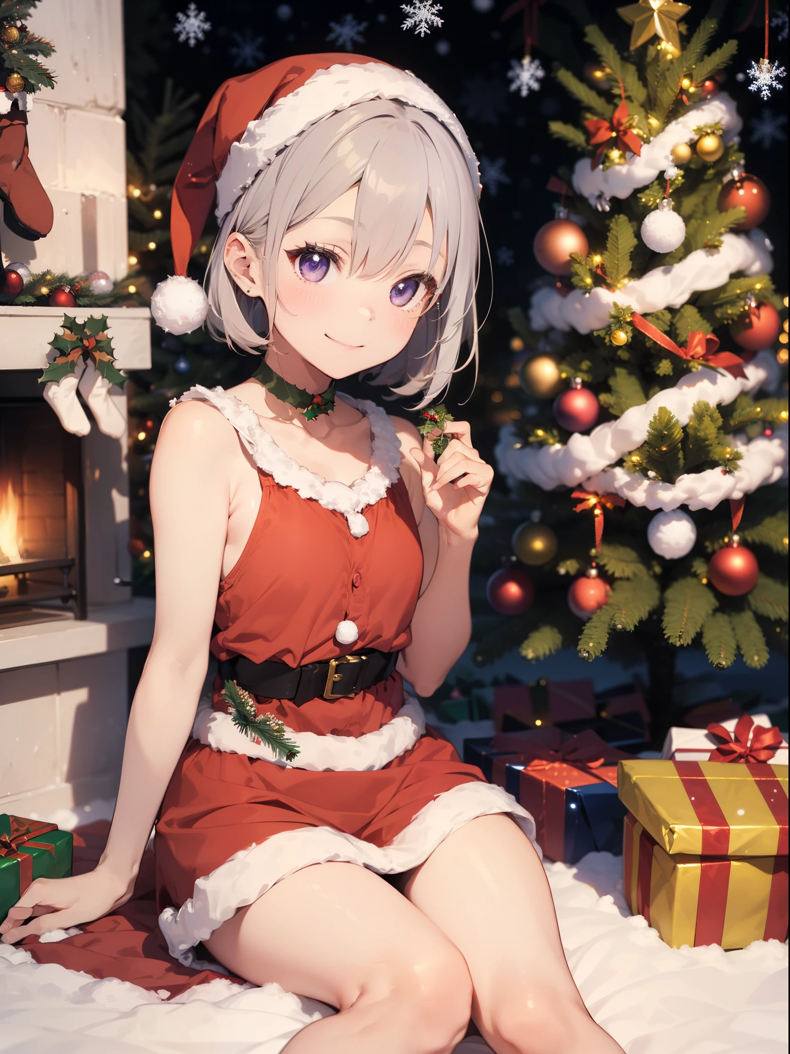 great masterpiece、hight resolution、1girl in、Santa Clothes、、a miniskirt、eye glass、Bob Hair、Long sideburns、white  hair、Light purple eyes、(((i&#39;I have a very small Christmas tree in my hand.)))、Sitting on the ground with knees upright、low  angle shot、A smile