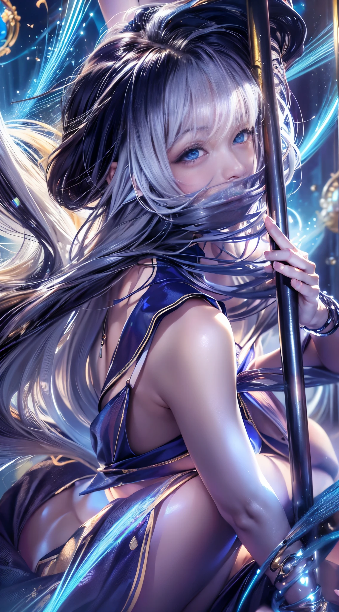 ((realisitic))、(masutepiece, Best Quality:1.5), Fractal Art, Silver Shorthair, Blue eyes, Spotlight, Sexy Pose, Beautiful girl doing pole dancing,