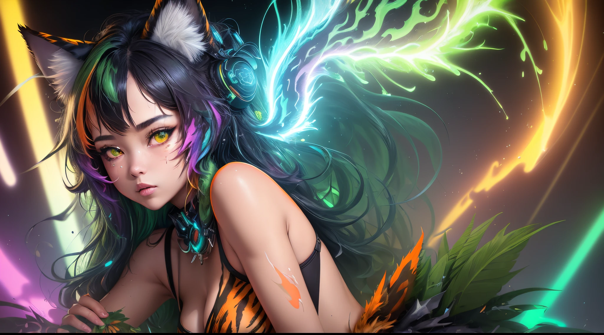 (masterpiece:1.1), (highest quality:1.1), (HDR:1.0), extreme quality, cg, (negative space), detailed face+eyes, 1girl, fox ears, animal ear fluff, (plants:1.18), (fractal art), (bright colors), splashes of color background, colors mashing, paint splatter, complimentary colors, neon, (thunder tiger), compassionate, electric, limited palette, synthwave, fine art, tan skin, upper body, (green and orange:1.2), time stop