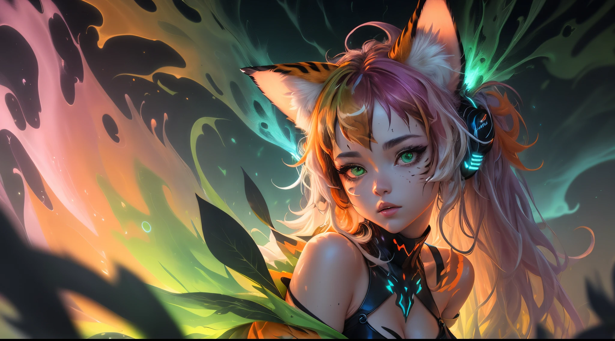 (masterpiece:1.1), (highest quality:1.1), (HDR:1.0), extreme quality, cg, (negative space), detailed face+eyes, 1girl, fox ears, animal ear fluff, (plants:1.18), (fractal art), (bright colors), splashes of color background, colors mashing, paint splatter, complimentary colors, neon, (thunder tiger), compassionate, electric, limited palette, synthwave, fine art, tan skin, upper body, (green and orange:1.2), time stop