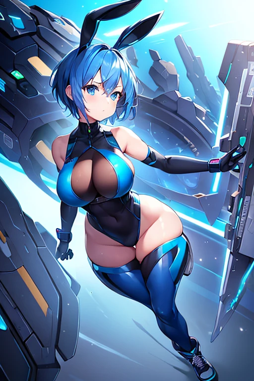 1girl, breasts, wide hips, large breasts, wide hips, blue hair, short hair, very short hair, blue eyes, bodysuit, black bodysuit, futuristic, machinery, science-fiction, tech, shoes, sneakers, neon trim, blue neon trim, full body, bunny ears, rabbit ears