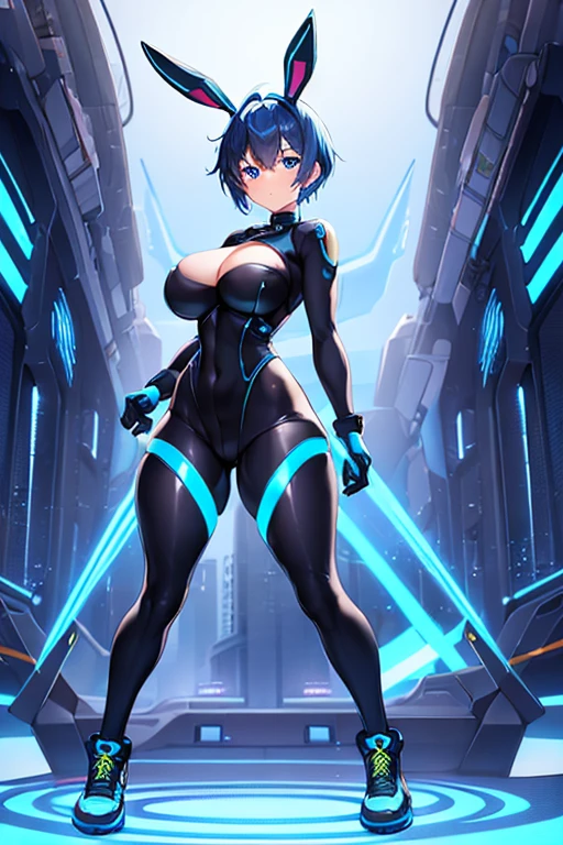 1girl, breasts, wide hips, large breasts, wide hips, blue hair, short hair, very short hair, blue eyes, bodysuit, black bodysuit, futuristic, machinery, science-fiction, tech, shoes, sneakers, neon trim, blue neon trim, full body, bunny ears, rabbit ears