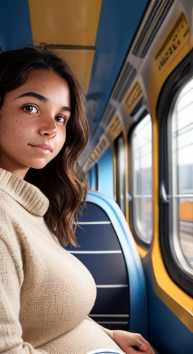1girl. Tan skin, freckles on nose, freckles on cheeks, dark brown hair, wavy hair, pregnant, sweater, sitting in train compartment, full body, wide angle,
