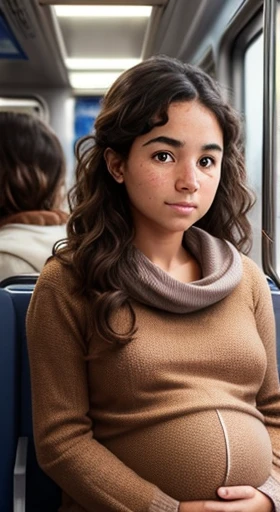 1girl. Tan skin, freckles on nose, freckles on cheeks, dark brown hair, wavy hair, pregnant, sweater, sitting in train compartment, full body, wide angle,