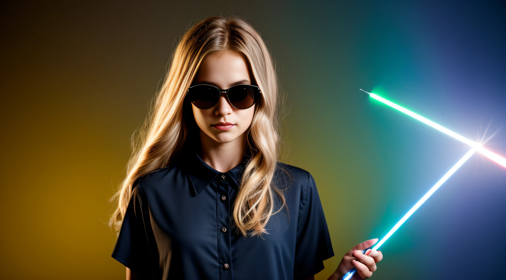 HALO LASER AZUL, close-up CHILDREN BLONDE GIRL WITH VERY LONG HAIR, in a black blouse and sunglasses in a dark room, Photo of a promotional session, lasers azuis.