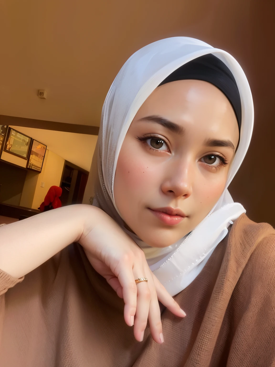 there is a woman wearing a headscarf and a brown shirt, close up potrait, 8k selfie photograph, with accurate face, portrait shot 8 k, semi realism, shot on canon eos r 5, shot on canon eos r5, shot on nikon z9, white hijab, captured on canon eos r 6, shot with iphone 1 0