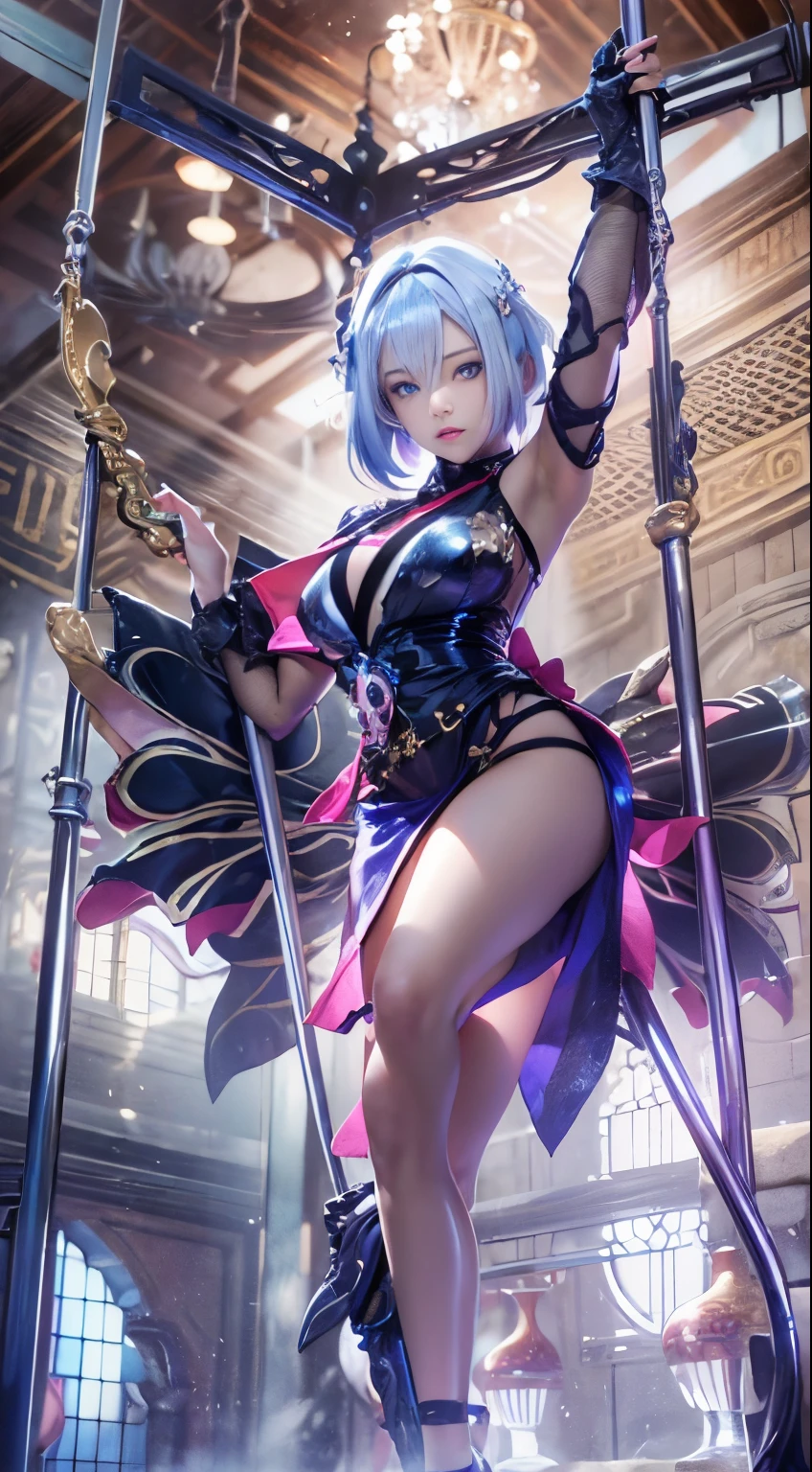 ((realisitic))、(masutepiece, Best Quality:1.5), Fractal Art, Silver Shorthair, Blue eyes, Spotlight, Sexy Pose, Beautiful girl doing pole dancing,