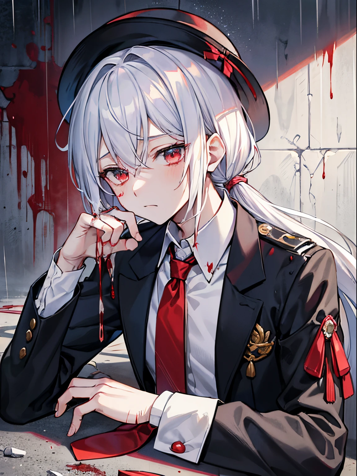 (masutepiece)(high-detail)(Angle from above)male in his 20s、white hair、poneyTail、tailcoat、neck tie、The hat is falling off、Blood on face and body、injury、Clothes are slightly torn、lying on the asphalt、Bandage on the arm、Expression of melancholy、very heavy rain、dark backgrounds