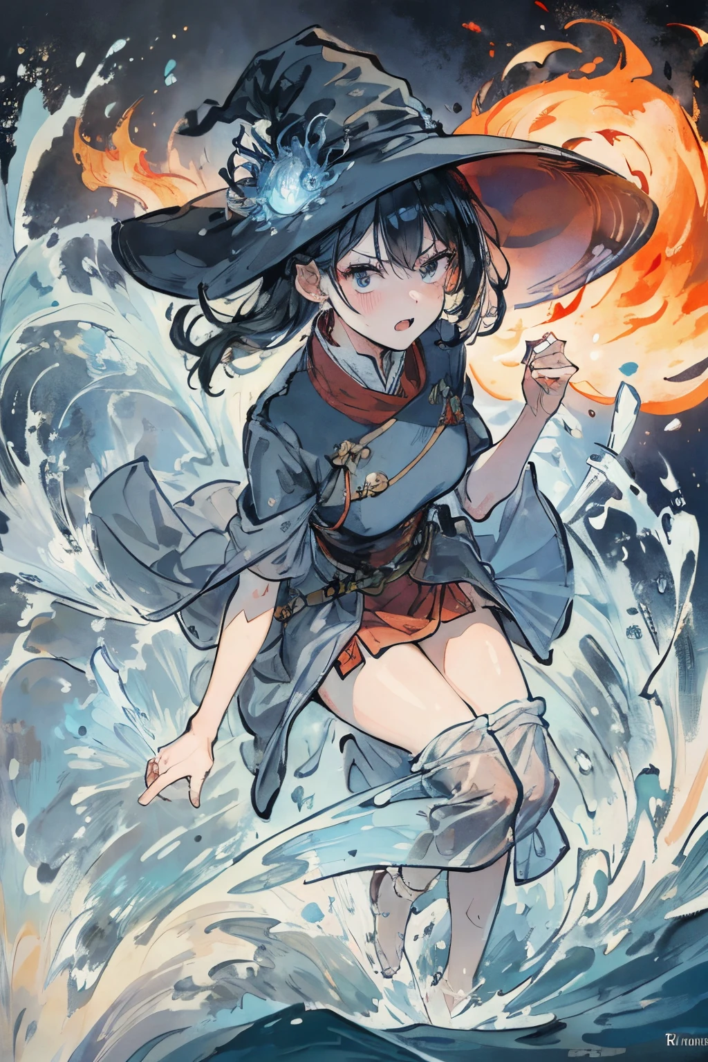 2girls，Prison Guard，lesbian，intimacy，brightcolors，Extreme color，Refined face，Background of the four elements of earth, wind, water and fire，dreamy background，Magic background，Witch hat，uniform，see-through transparent clothes，Conservative style，anger expression，Resistance action，A tense scene，action with tension，Impactful graphics