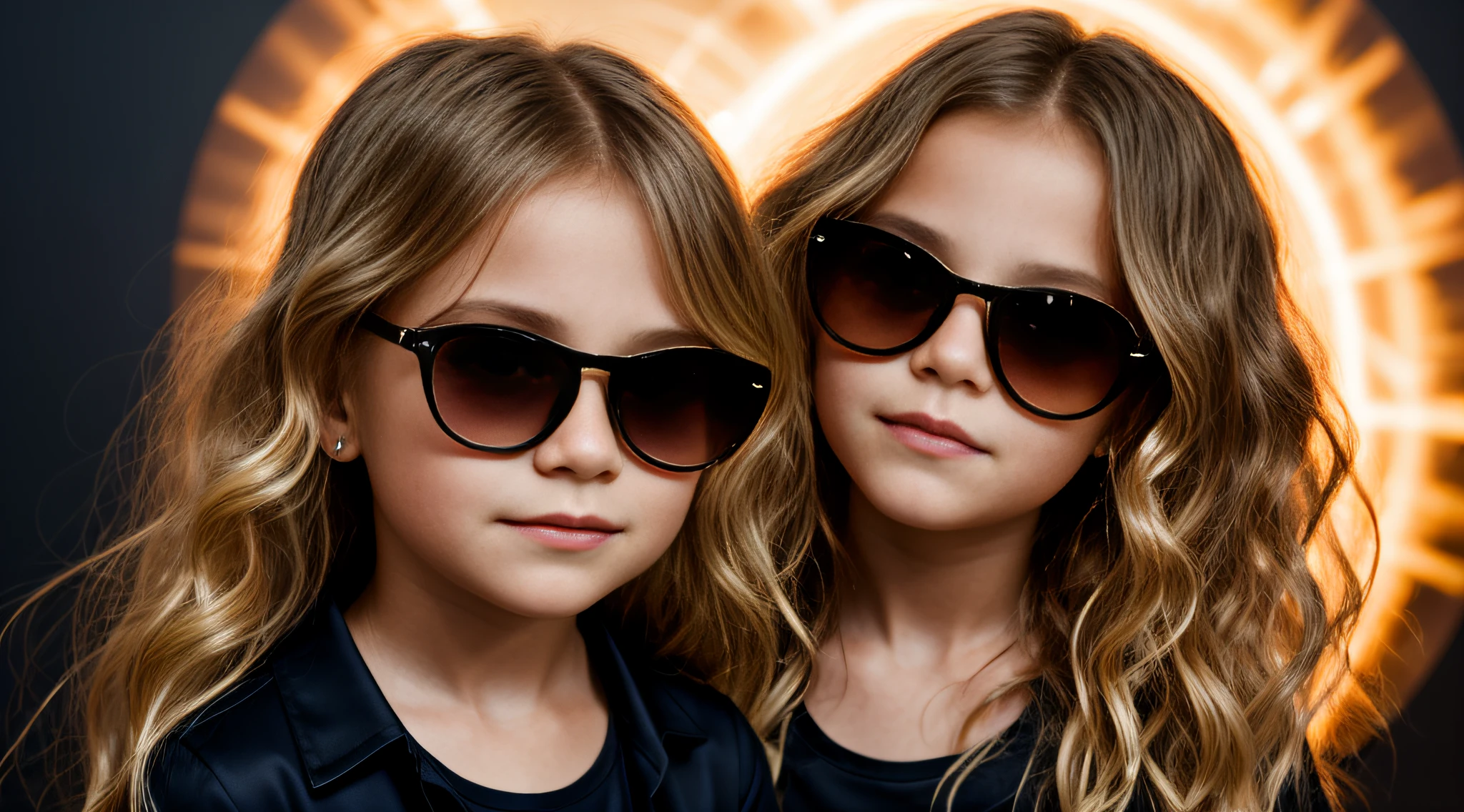 HALO LASER AZUL, close-up CHILDREN BLONDE GIRL WITH VERY LONG HAIR, in a black blouse and sunglasses in a dark room, Photo of a promotional session,