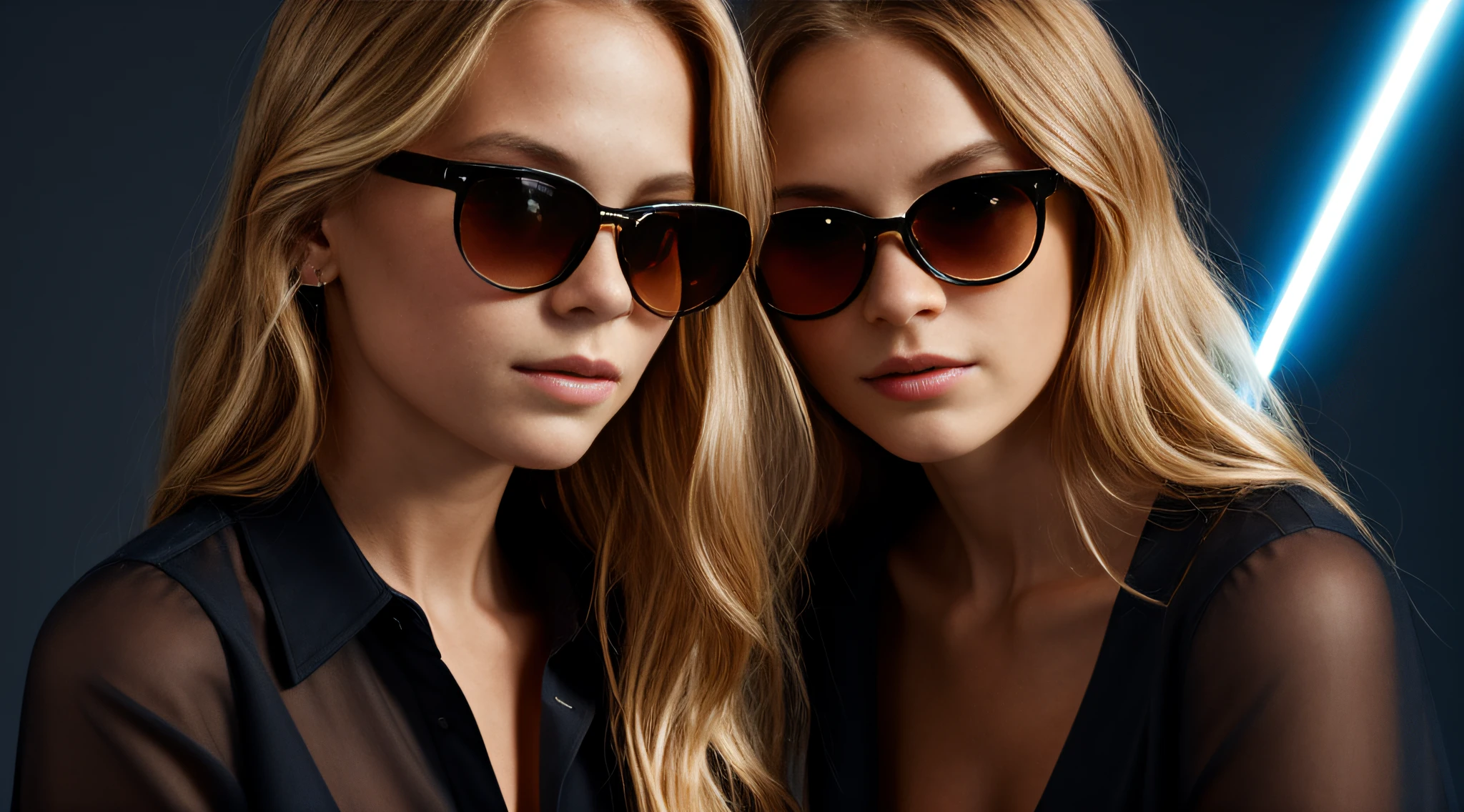 HALO LASER AZUL, close-up CHILDREN BLONDE GIRL WITH VERY LONG HAIR, in a black blouse and sunglasses in a dark room, Photo of a promotional session,