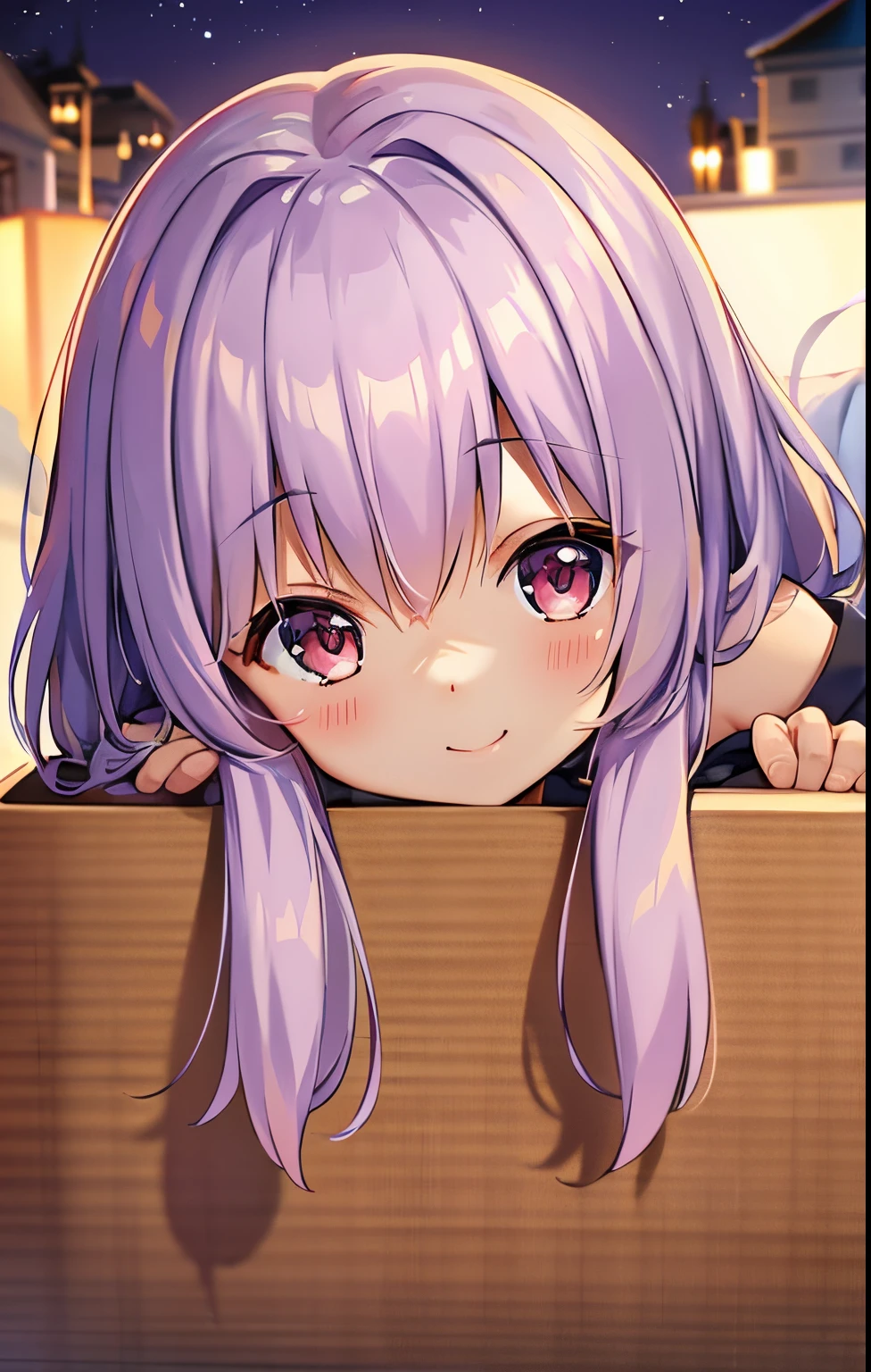 reallistic、Movie Still、Cloud Girl、ergartl hiding in a box ,floating in sky、(a closeup:1.1)、with light glowing、With smiling eyes、A delightful、Warm and soft lighting、Evening glow,blush