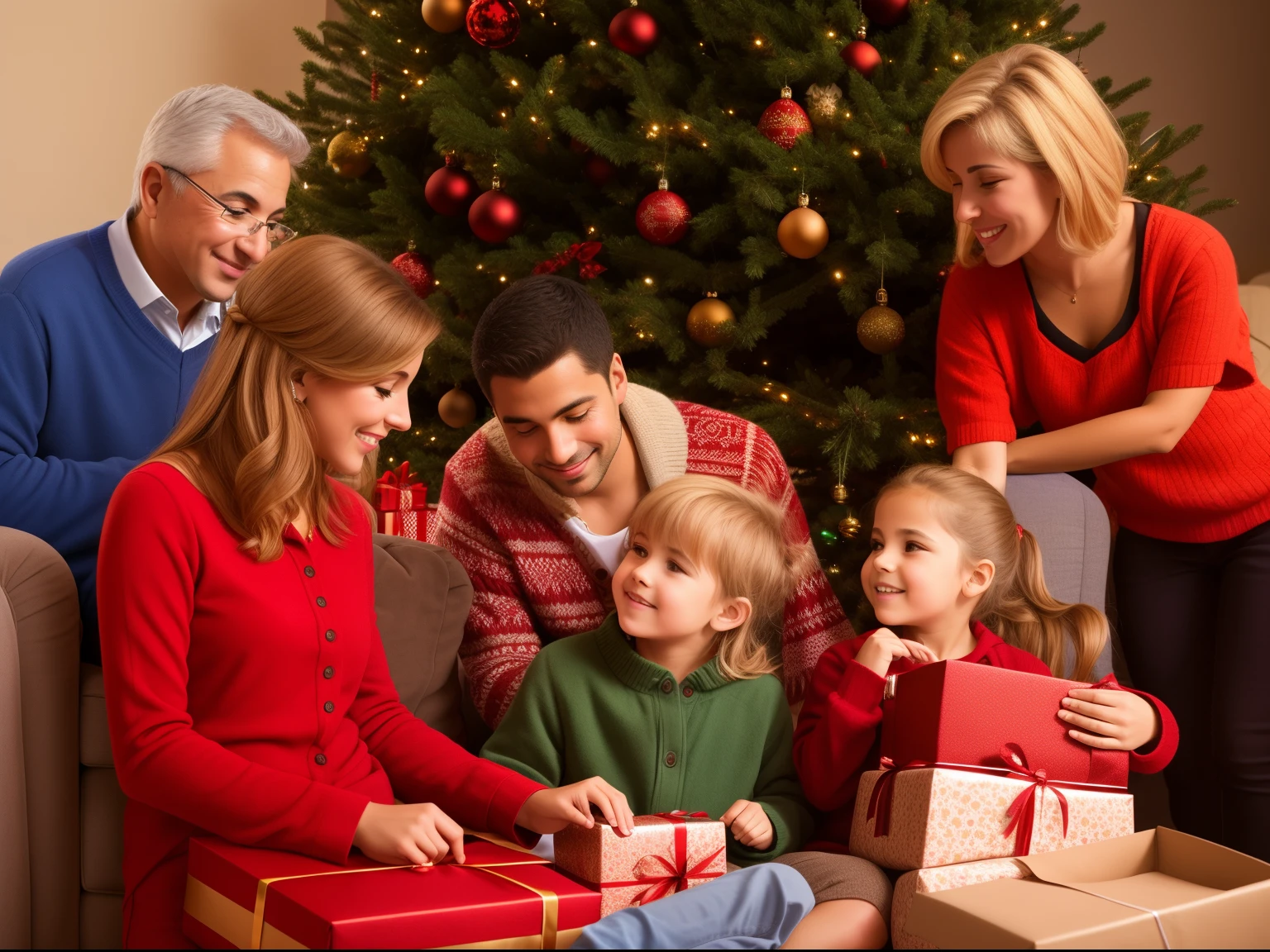 there is a group of people sitting around a Christmas tree, giving gifts to people, atmosfera calorosa e alegre, Reconfortante, Family photo, holiday season, iStock, Imagem de Stock, Apresenta, Shutterstock, Natal, families playing, Noite de Natal, foto ainda, adulto, Happy family, twas brillig, iStockphoto, trending ，, de madeira, Foto de Stock, fami