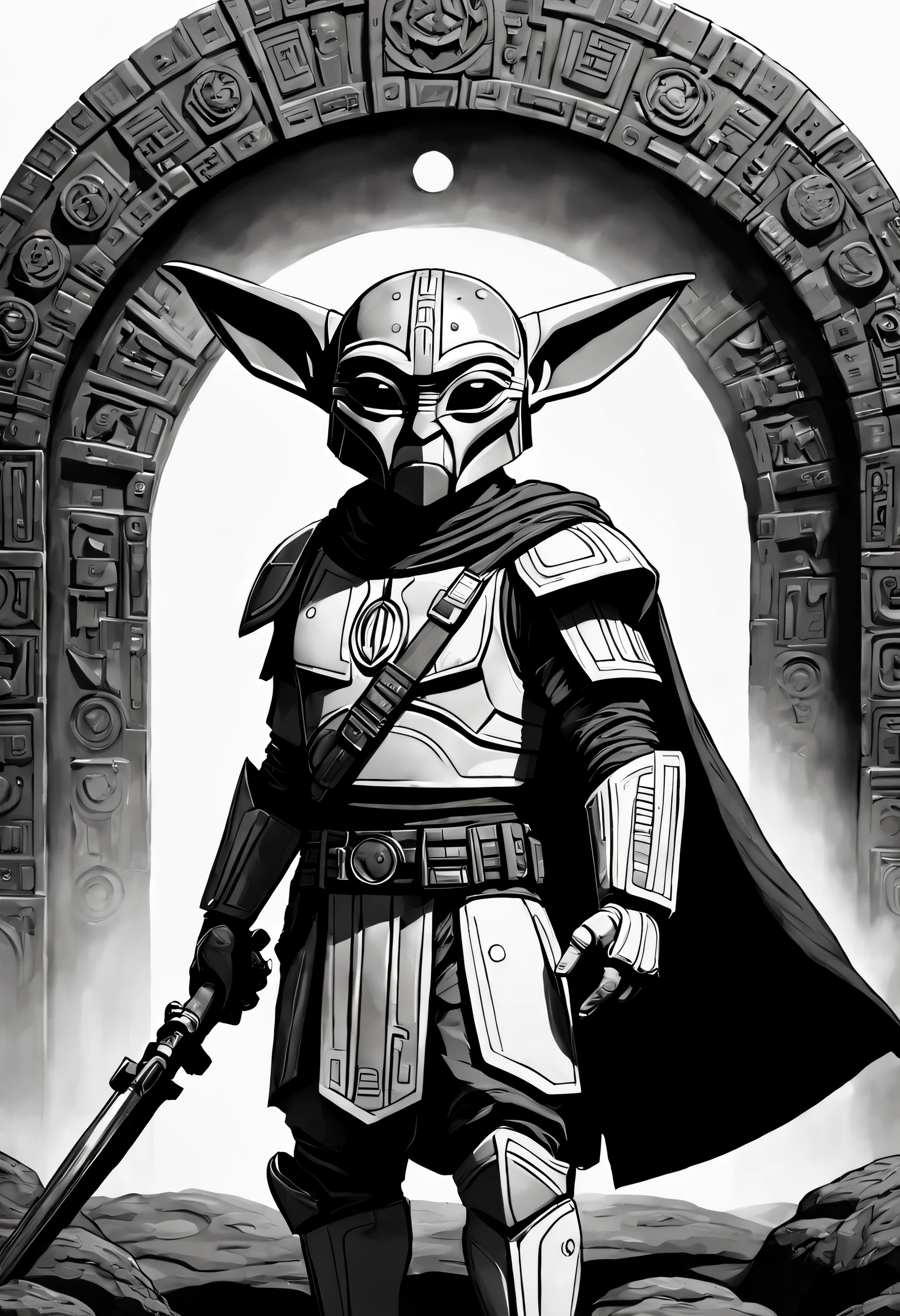 Design a detailed vector of the Aztec Calendar in black and white, fusing the cultural depth of the Aztecs with the warrior spirit of the Star Wars Mandalorians. En el epicentro del calendario, replace the Aztec sun symbol with the iconic helmet of a Mandalorian, Meticulosamente elaborado con detalles intrincados., highlighting defined lines, y sombras precisas que transmiten la esencia de la armadura.
In the concentric rings of the Aztec Calendar, integrar una serie de personajes mandalorianos, de Din Djarin (El Mandaloriano) to loyal companions and adversaries, each authentically represented with fidelity to its distinctive features. Entre estos personajes, incluir a Grogu ( yoda), with his iconic cuteness contrasting the Mandalorian's battle-ready demeanor..
Use detailed, precise lines to capture the essence of Aztec culture., fusing it with the futuristic and martial aesthetics of Star Wars. La paleta de colores en blanco y negro debe enfatizar texturas y matices contrastantes., especialmente en las armaduras y expresiones faciales de los personajes..
The typography used for dates and numbers should reflect the fusion between Aztec writing and Mandalorian communication codes., creating a unique visual language that connects both cultures. Use Adobe Illustrator and a graphics tablet to ensure accuracy and rich detail when creating this vector that pays homage to galactic history and rich Aztec tradition., that encapsulates the Star Wars epic in an authentic and evocative way.