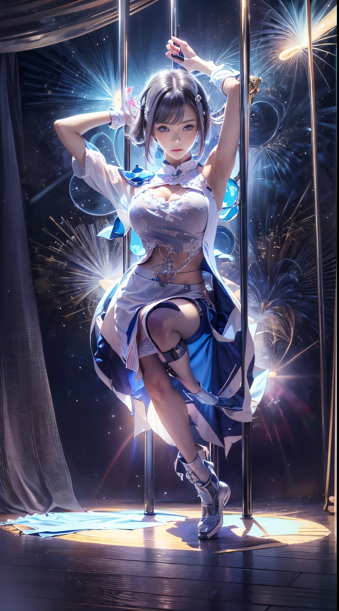 ((realisitic))、(masutepiece, Best Quality:1.5), Fractal Art, Silver Shorthair, Blue eyes, Spotlight, Sexy Pose, Beautiful girl doing pole dancing,