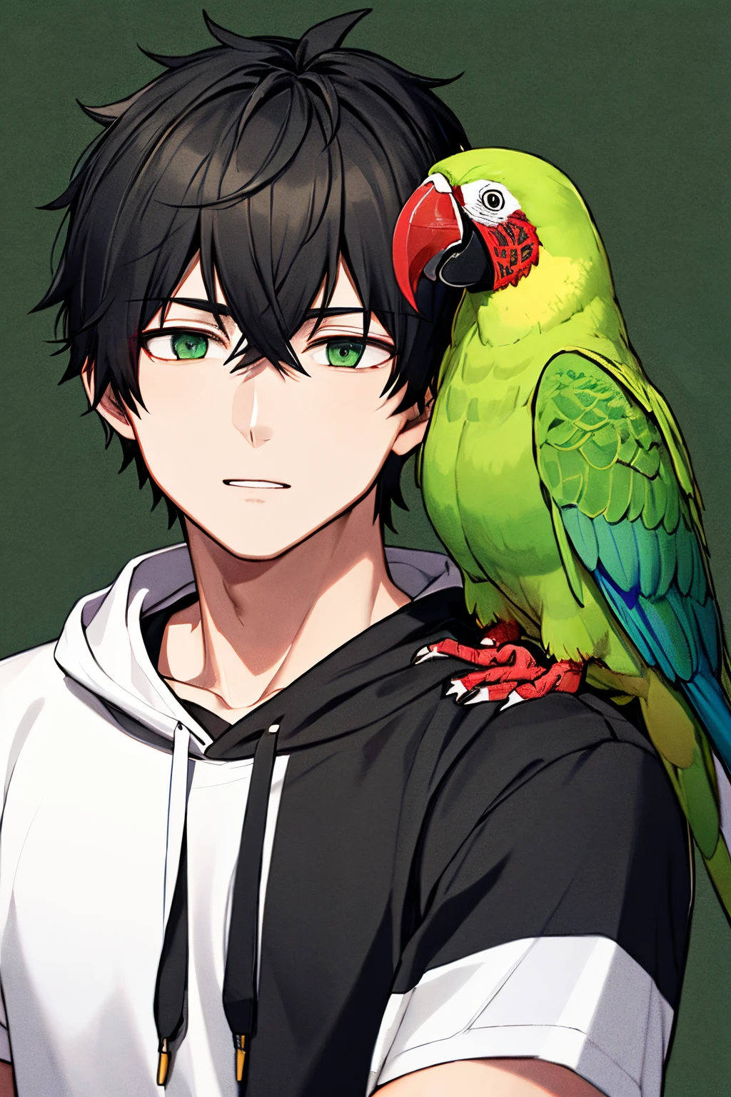 1boy, black hair, black hoodie with red and green pattern, a green parrot on shoulder, dark gloomy background , best quality