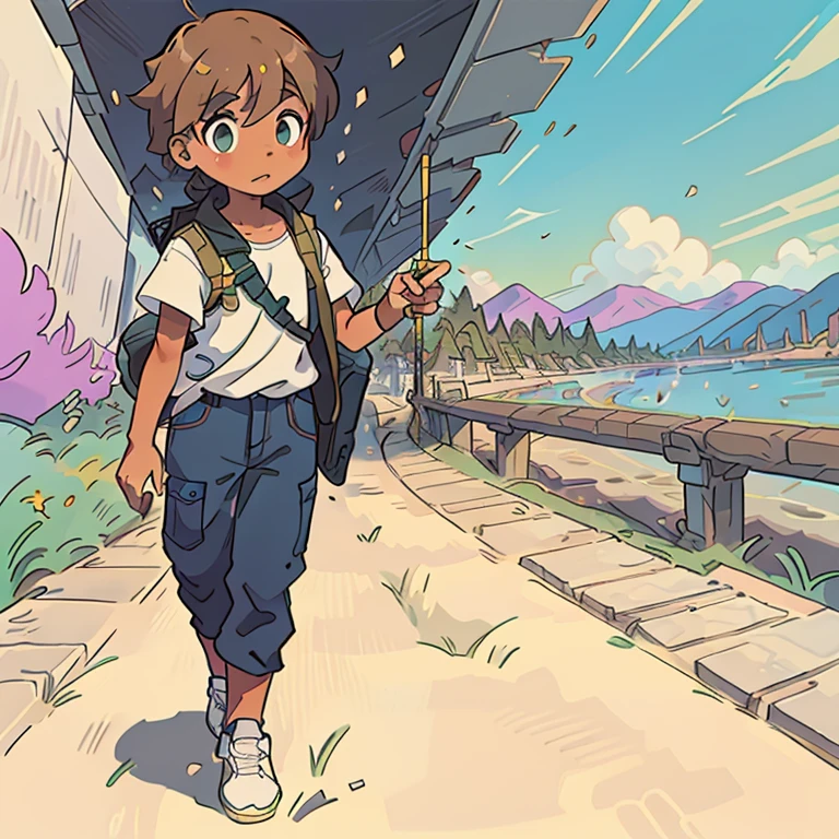 Tommy, a 7-year-old with tan skin, discovers new epochs through time-traveling adventures, navigating through colorful landscapes, and experiencing the wonders of the past.