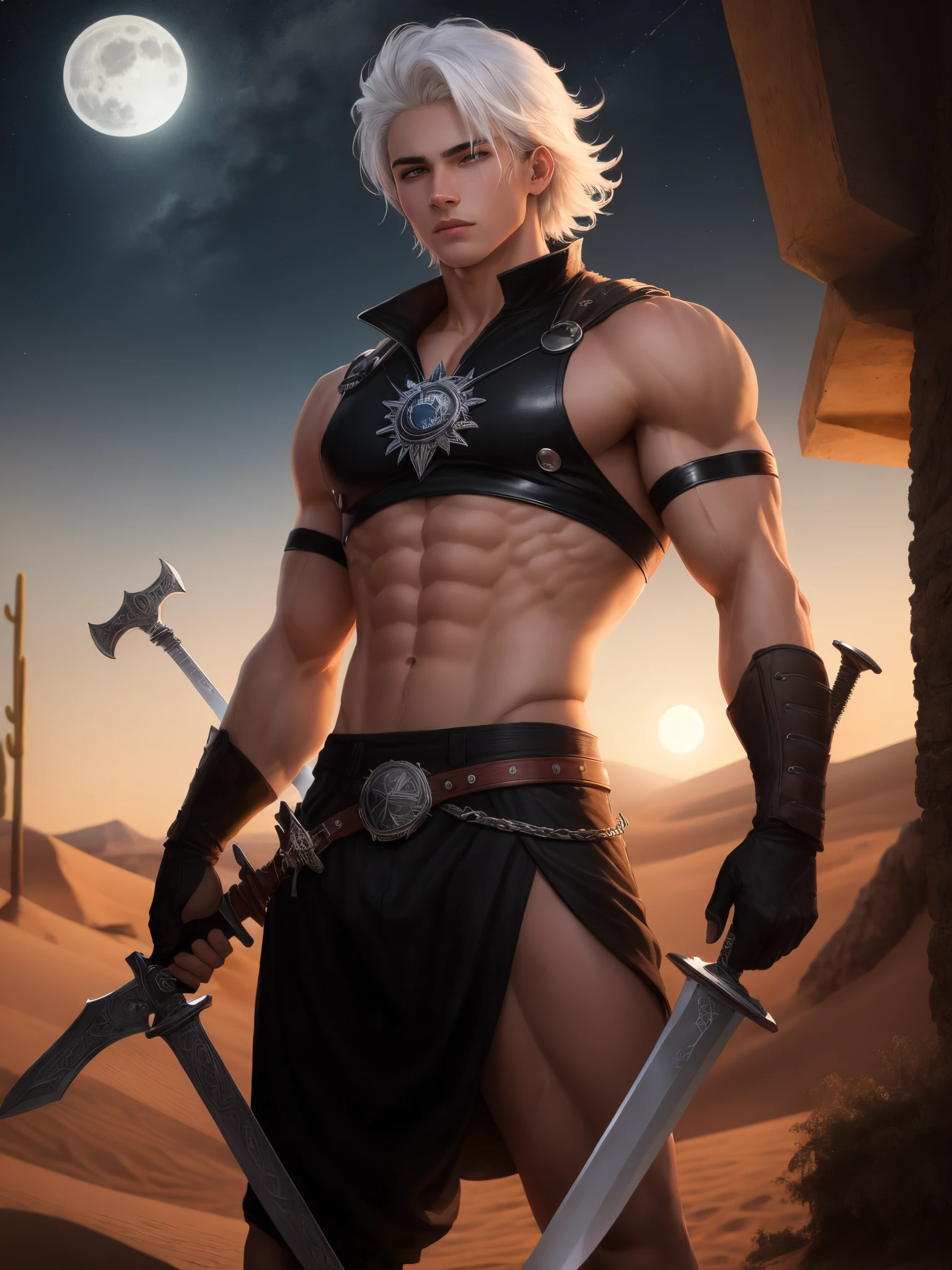A muscular boy with white hair and red eyes, wearing a black clock, with a sword in his hand, in the background there is a desert, it is night time with a full moon