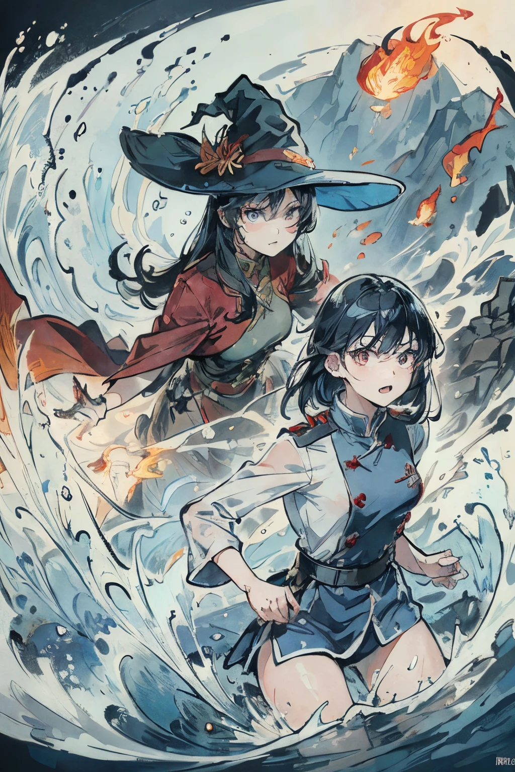 2girls,Prison Guard,lesbian,intimacy,brightcolors,Extreme color,Refined face,Background of the four elements of earth, wind, water and fire,Magic background,Witch hat,uniform,see-through transparent clothes,Conservative style,anger expression,Resistance action,A tense scene,action with tension,Impactful graphics