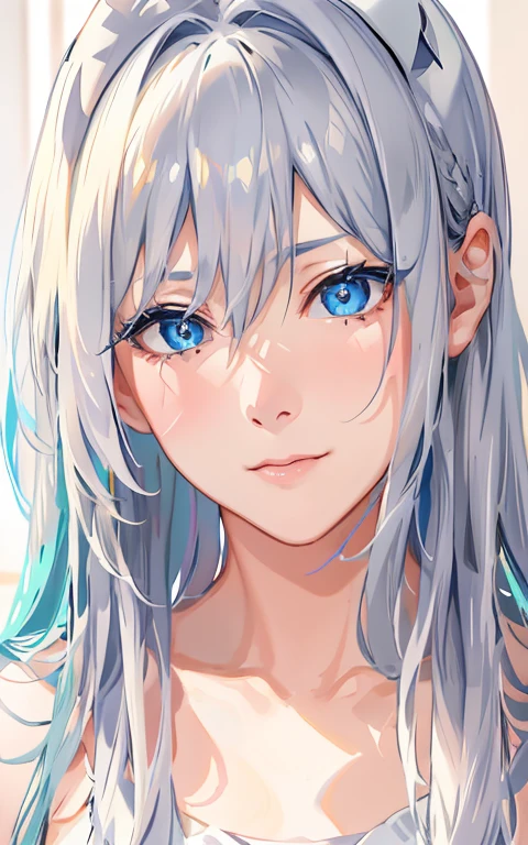 (Best quality,4K,8K,High resolution,Masterpiece:1.2),Super detailed,(Actual, Realistic),
break,
((Beautiful clear blue eyes:1.2)),very kind eyes,eyes wide open,beautiful eyelashes,beautiful lower eyelashes,
break,
((Beautiful and shiny silver hair:1.3)),
break,
((not wearing anything:1.4)),((Completely naked:1.3))
break,
((Close-up of face from the front:1.3)),
break,
((Composition from the shoulders up:1.3)),((simple background:1.3))