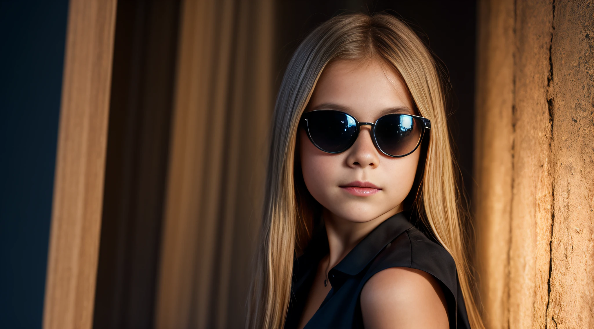 LASERS AZUIS HALO, close-up CHILD BLONDE GIRL WITH VERY LONG HAIR, in a black blouse and sunglasses in a dark room, Photo of a promotional session,