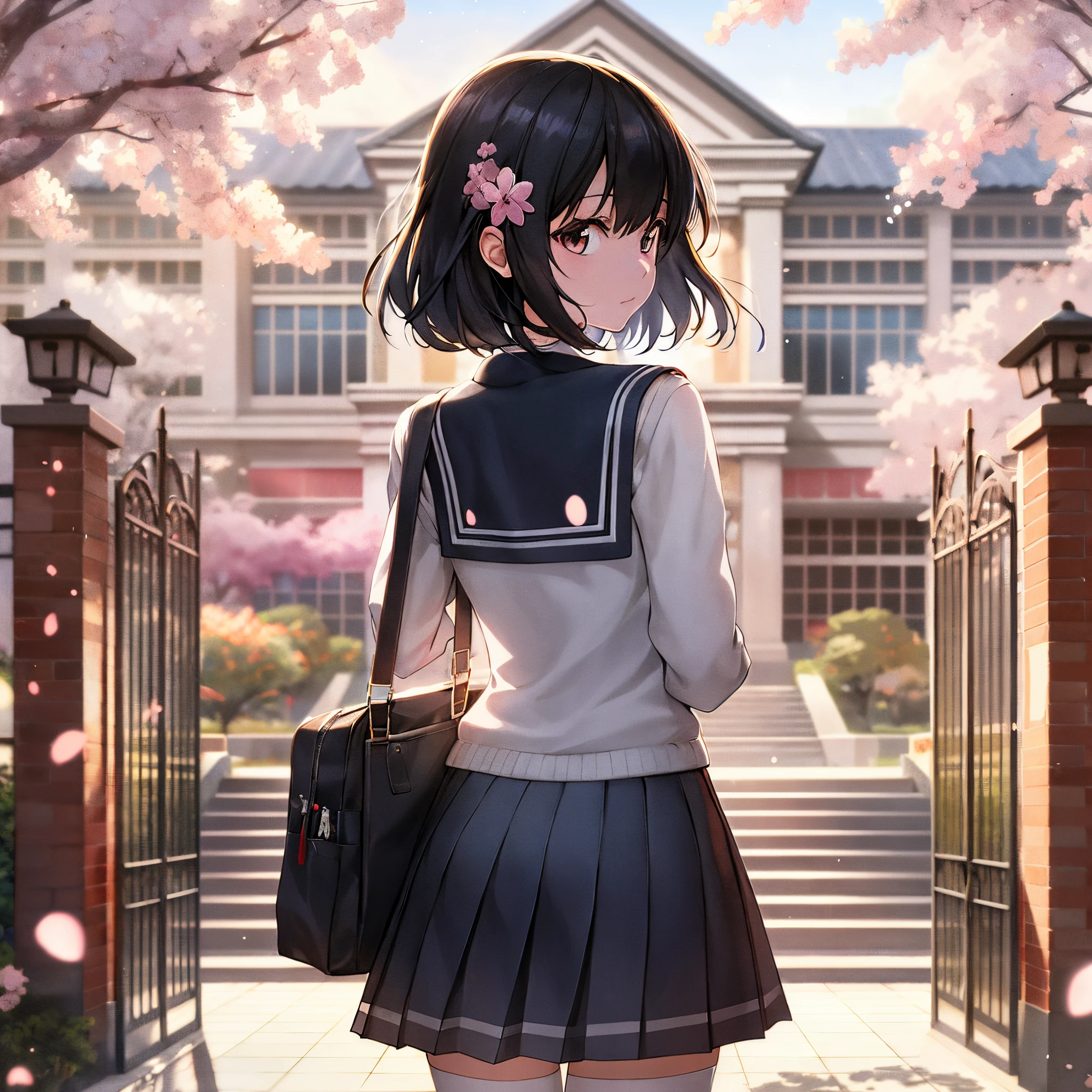 Anime girl wearing school uniform standing in front of the door, Beautiful anime high school girl, Anime style 4k, smooth anime cg art, Very detailed official artwork, realistic anime 3D style, A surreal schoolgirl, Guviz-style artwork, style of anime. 8K, surreal school girl, female student, Digital anime illustration