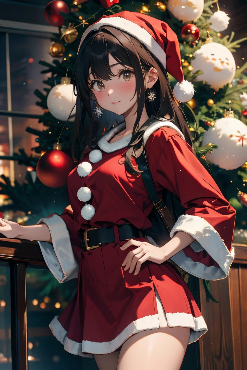 Christmas、Big Christmas tree in the back、Santa cosplay in a skirt、