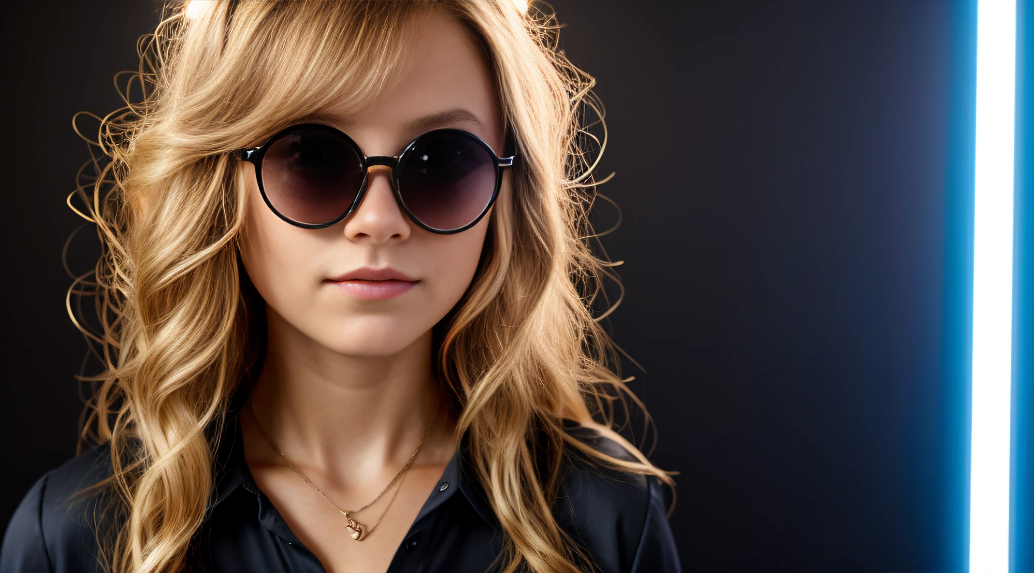LASERS AZUIS HALO, close-up CHILD BLONDE GIRL WITH VERY LONG HAIR, in a black blouse and sunglasses in a dark room, Photo of a promotional session,