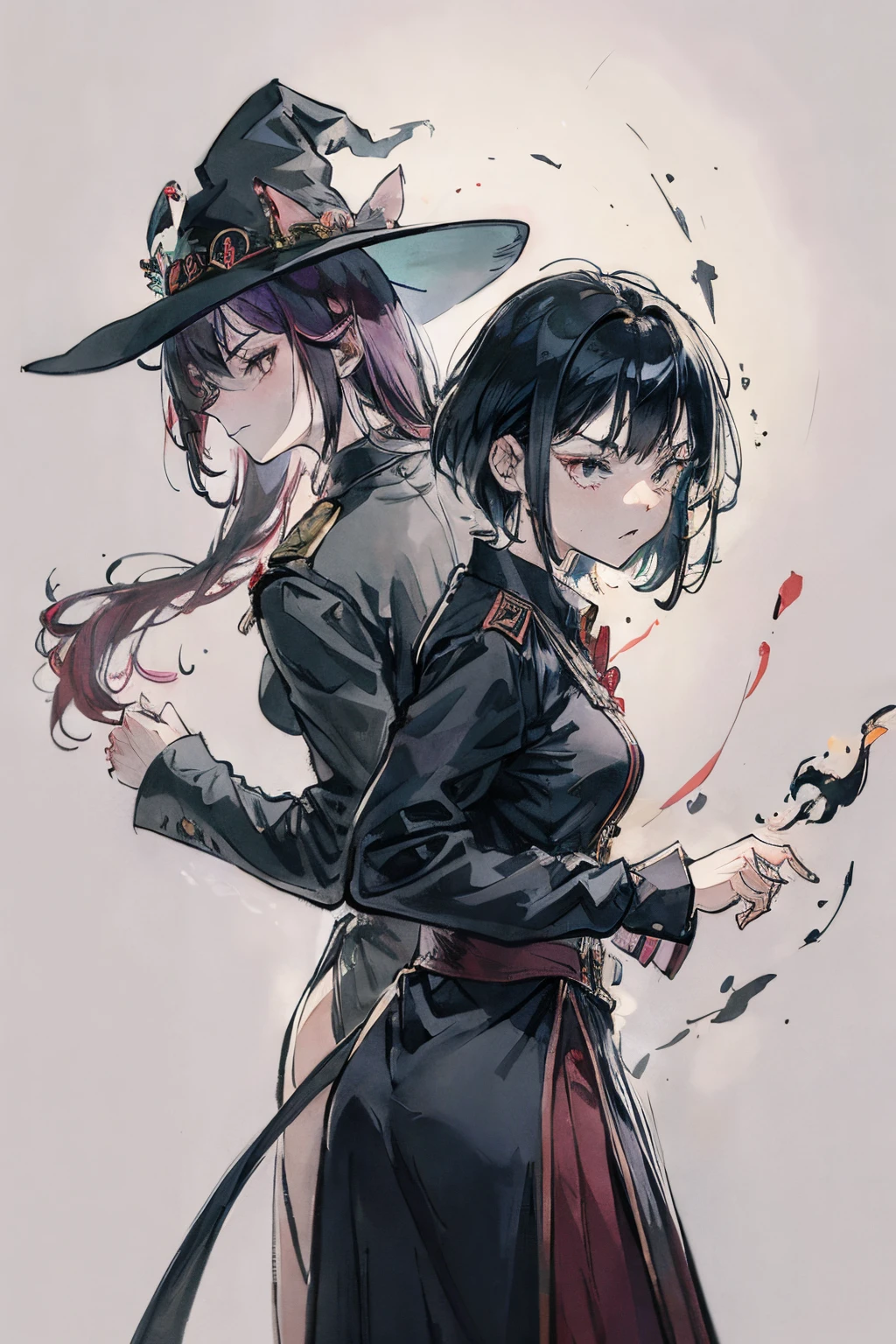 2girls，Prison Guard，lesbian，intimacy，brightcolors，Extreme color，Refined face，Magic background，Witch hat，uniform，see-through transparent clothes，Conservative style，anger expression，Resistance action，A tense scene，action with tension，Impactful graphics，Fight the enemy together back to back