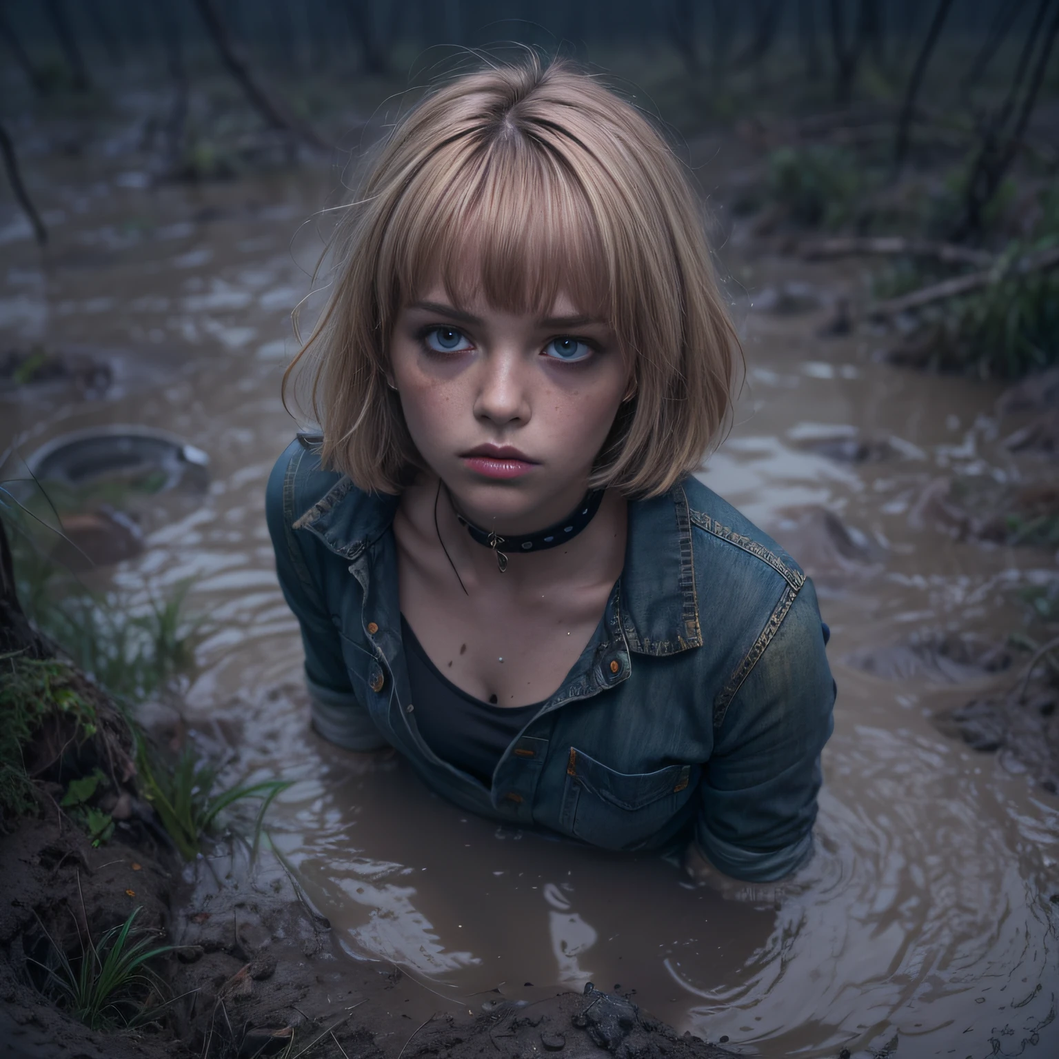 (Best Quality,hight resolution,Masterpiece, Overhead view:1.20),Ultra-detailed,Wide jeans,drowning in a swamp, ??????, (at the bottom of a mud pit:1.3),gloomy ???????,??????,dark gloomy atmosphere,gritty texture,melancholic expression on his face,mysterious aura,foggy background,Subtle color palette,provocative pose,Strong emotions,Coming Out of the Depths of Despair,Piercing gaze,intense shadows,Plunged in Darkness,Rugged terrain,ominous vibe,A supernatural sensation,asymmetrical bangs, freckles, pink short hair, Bangs, freckles, gray eyes, A girl